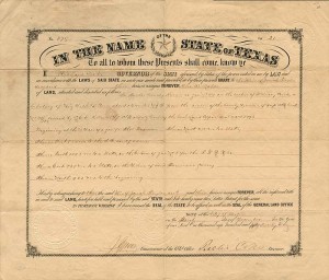 Land Grant signed by Richard Coke as Governor - SOLD